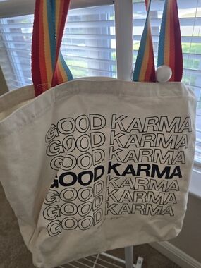 Spiritual Gangster Cream Canvas Tote with Rainbow Strap Accent